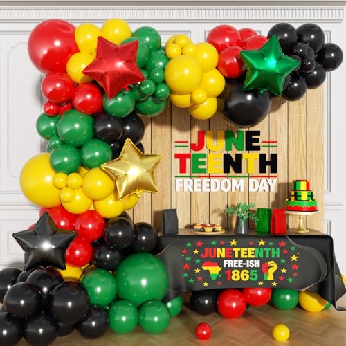 Image of 152Pcs Juneteenth Balloon Garland Arch Kit - Red Black Green and Yellow Different Size Balloons for Africa American Independence Freedom Day Theme Black History Month Party Decorations