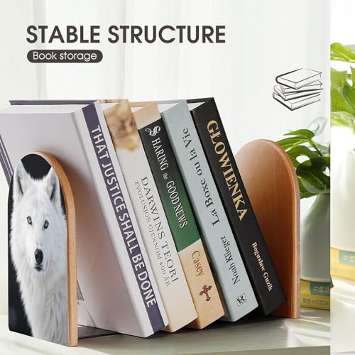 Sujetalibros de lobo blanco de madera y base de metal, organizador antideslizante de 1 par 8