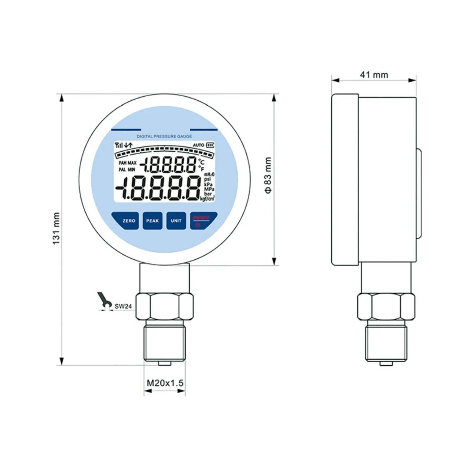 Manómetro hidráulico digital, con de presión de diafragma de temperatura Manómetro de agua de acero inoxidable LCD G1/2(0-250KPa)