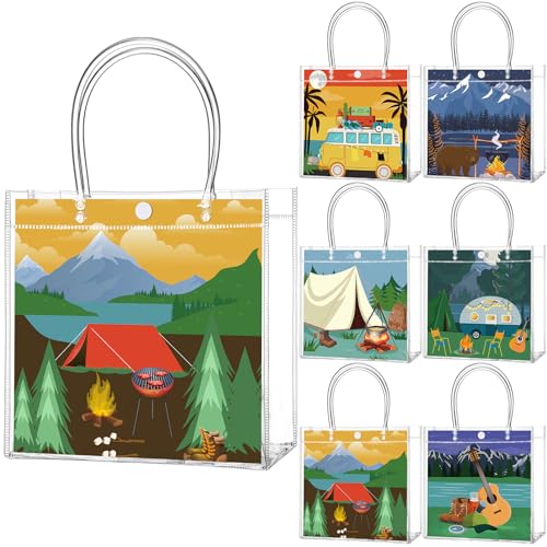 Image of Teenyyou 24 Pcs Camping Theme Clear Gift Bags with Handles Outdoor Adventure Transparent Tote Bags Reusable PVC Gift Container for Camping Theme Party, Bridal Shower, Birthday Party Favors