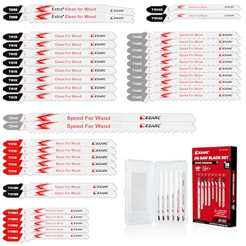 EZARC Lot de 36 lames de scie sauteuse pour la coupe du bois, assortiment de lames de scie sauteuse à tige en T avec étui de rangement, coupes courbes...