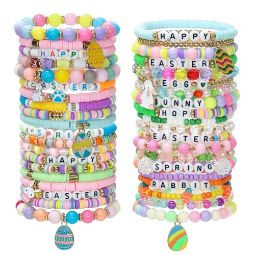 Shcsdr 40 Pcs Easter Day Bracelets Set Clay Stretch Stackable Friendship Bracelet for Women Colorful Egg Bunny Stretch Bracelets Easter Party Supplies