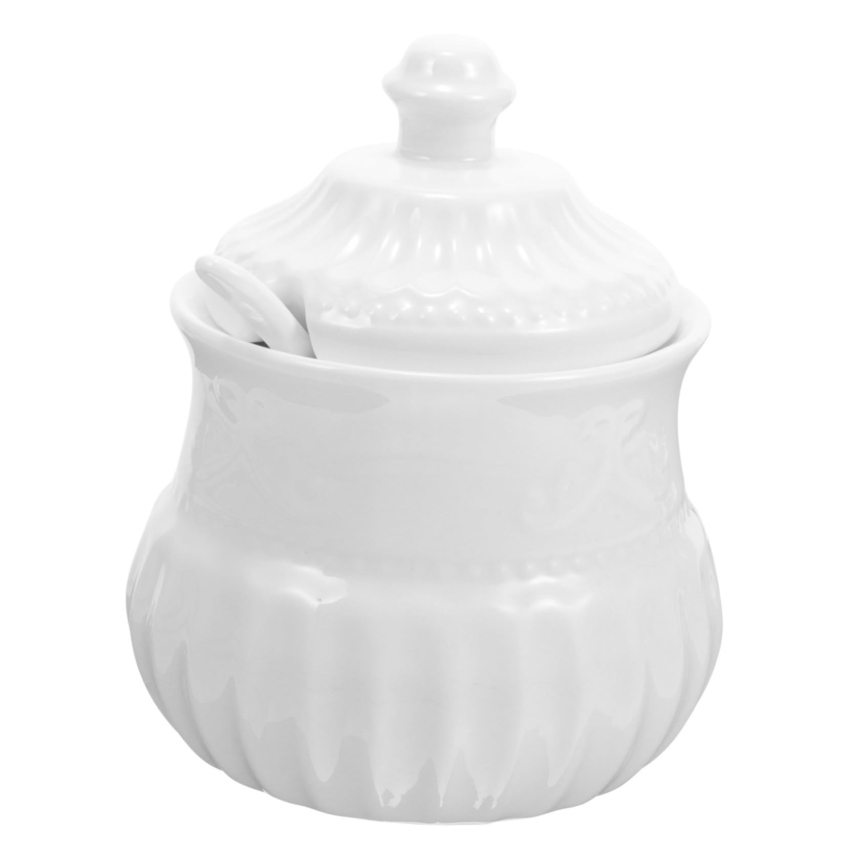 Pot à sucre céramique baroque blanc élégant avec cuillère assortie