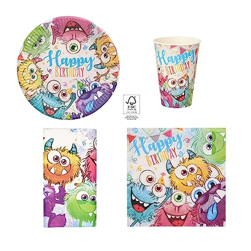 Ameisenkeks® Kit d'anniversaire avec assiettes, gobelets, serviettes, nappe - Motif monstres amusants - 31 pièces