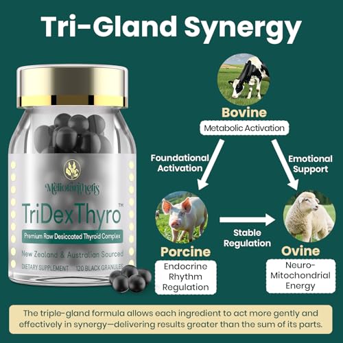 Image of Thyroid Supplement - TriDexThyro Raw Desiccated Thyroid Complex 375 mg with Bovine, Porcine & Ovine -180 Capsules for Women and Men(3 Pack)