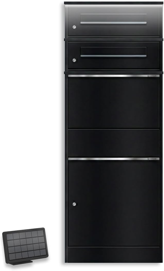 Parcel Box with LED Solar Lighting and Two Letter Boxes, Lockable and Weatherproof in Black without Engraving, Free Standing Made of Powder-Coated Steel, for Contactless Delivery Outside