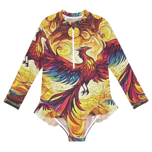 Girls One Piece Swimsuits Long Sleeve Swimsuit Zipper Bathing Suits Phoenix Fire Wing Rainbow Glass