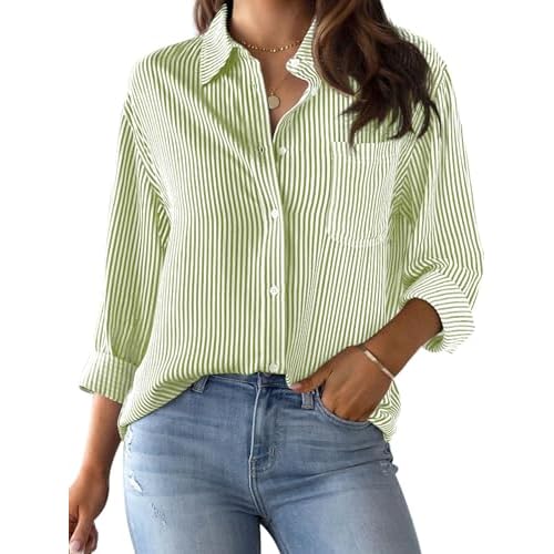 Women's Striped Button-Down Shirt Long-Sleeve Casual Collared Blouses Office Shirt Tops Small 00027_olive Green