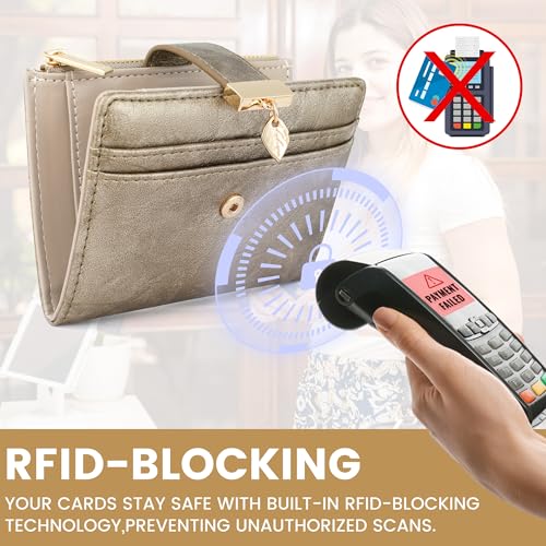 Image of Pomelo Best Wallet Women Bifold Leather Wallets for Women Credit Card Holder with ID Window Zipper Coin Pocket Golden