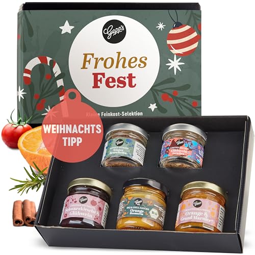 Gepp’s Feinkost Weihnachts-Geschenk Frohes Fest I Mini 5er Geschenkset Weihnachten mit köstlichen Delikatessen I Mit Glühwein Gewürz, Fruchtaufstrich, Bruschetta-Dip & Sauce in Winter-Editionen
