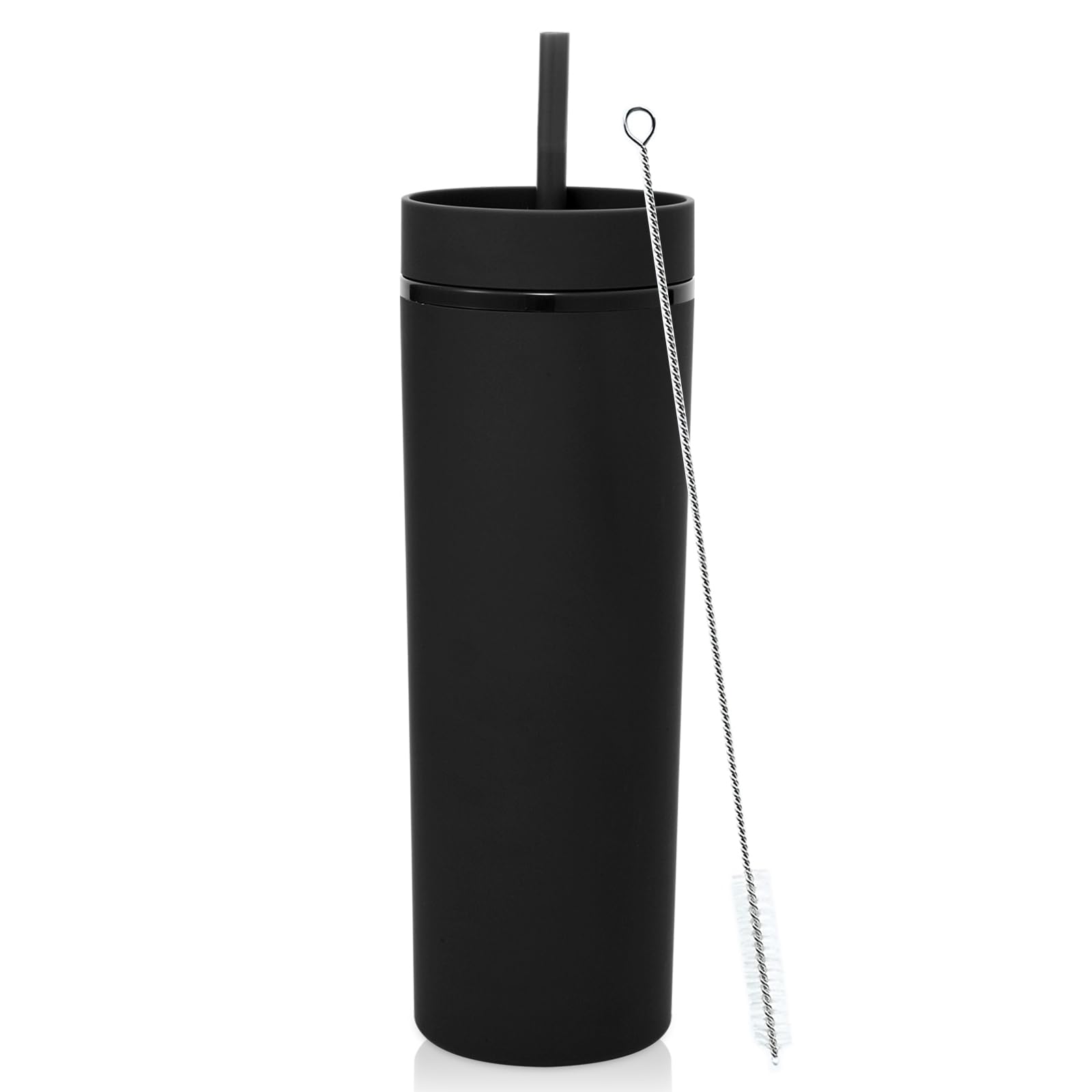 Volhoply 550ML Plastic Skinny Tumbler,Double Wall Tumblers with Lid and Straw,Reusable Iced Coffee Mug,BPA Free Matte Acrylic Water Cups with Straw for Parties,DIY Gifts(Black,1 Set)