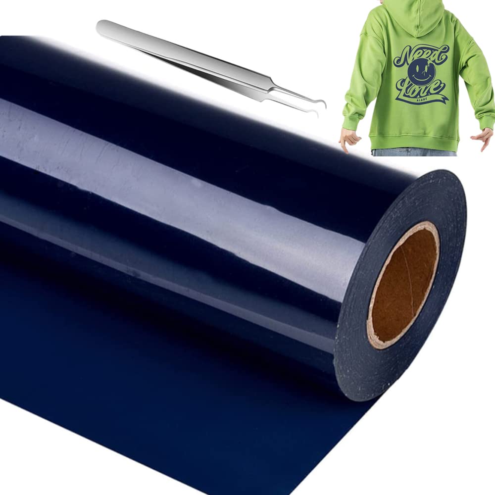 Heat Transfer Vinyl Navy Blue12In x 10Ft,HTV Vinyl Roll for Cricut & Cameo,Iron on Vinyl for T-Shirts,Equipped with a Hooked Tweezers Easy to Cut & Weed(Navy Blue)