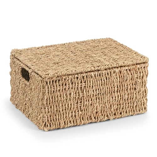Woodluv Storage Boxes with Lids Woven Natural Seagrass Nesting Storage Baskets for Shelves Gift Hamper Basket | Shelf Hamper Organiser for Bathroom Bedroom Kitchen & Home Office Large