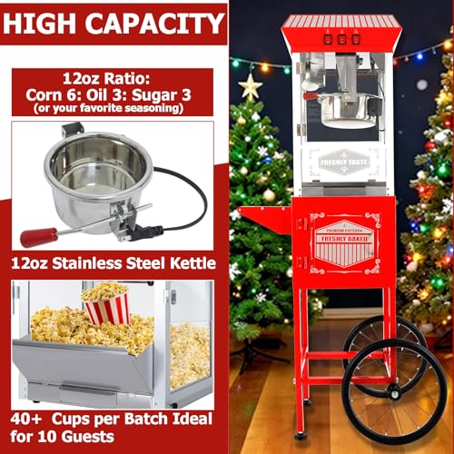 Image of Commercial Popcorn Machine with Cart - 12-Ounce Kettle Popcorn Makers with Heating, 3-Switch Control,Large Capacity for Home Party, Movie Theath, Office, Schools, Carnival, Christmas, Red