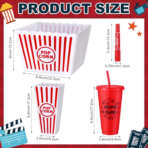 Reallnaive 15 Pcs Movie Night Popcorn Organizer Set Family Red & White Striped Plastic Popcorn Container Reusable Drinking Cup for Holiday Parties, Family Gatherings & Home Theater