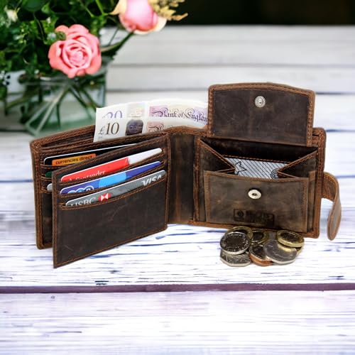 Wallets Men Anti-Theft RFID Blocking Bifold Leather Wallet Genuine Distressed Hunter Leather Passcase Wallet Money Cards Coin Organiser Purse Gift For Men M80 Dark Brown3