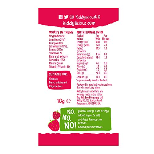 Kiddylicious Strawberry fruity puffs 60g(6 * 10g) | Total 60g/6 bags | delicious snacks | Crumb Free | Suitable for 7+ Months.