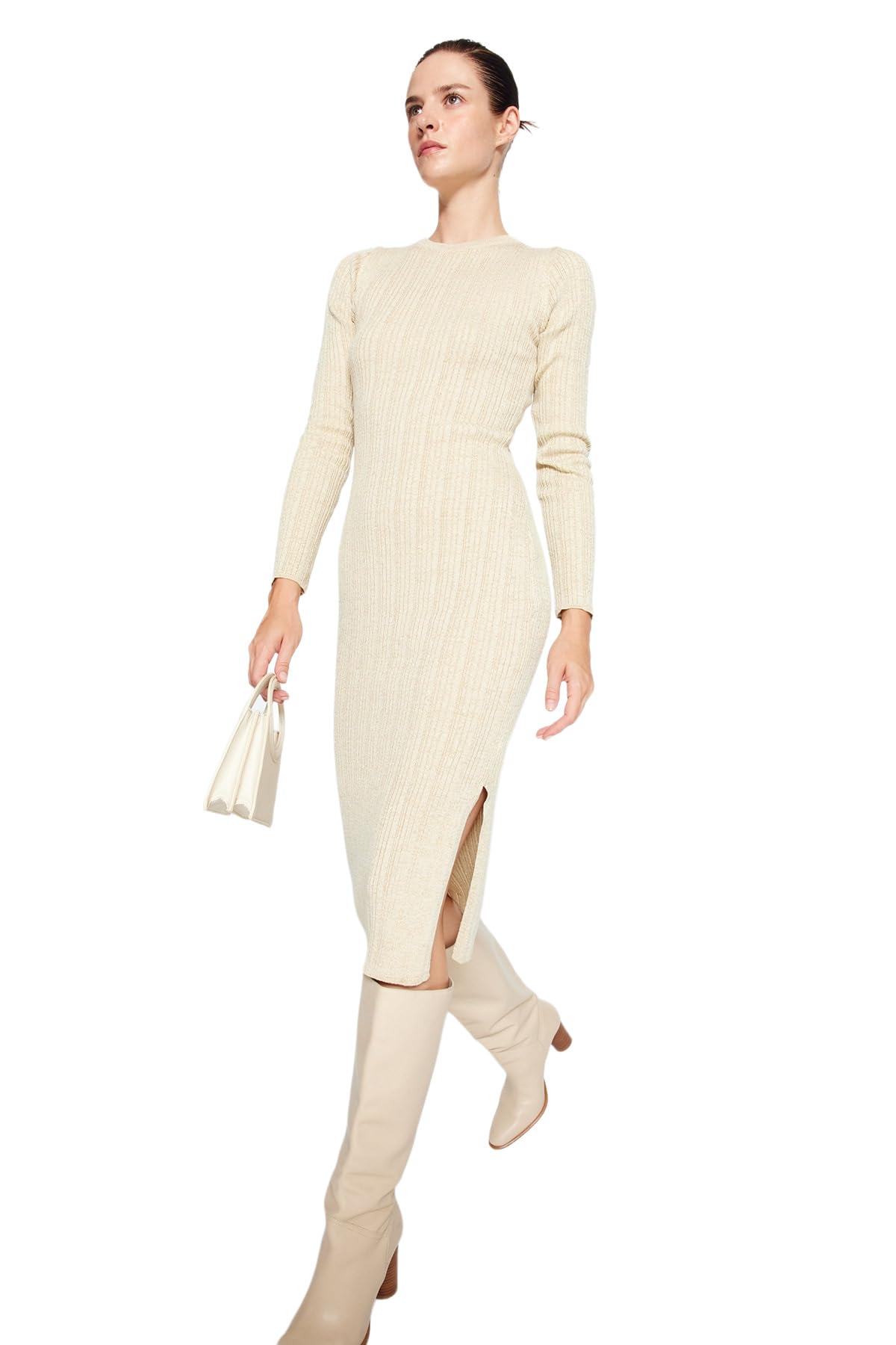 Trendyol FeMan A-line Slim fit Knitwear Dress,Beige,S