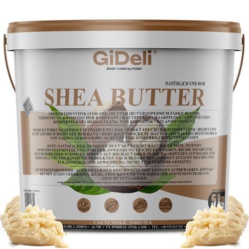 GiDeli Sheabutter 5kg im Eimer - Karitébutter Natürlich und Unraffiniert - Nussfett des Karitébaums intensiv feuchtigkeitsspendende - Bodybutter mit Regenerierender Wirkung