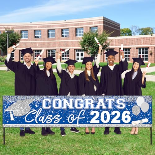 Image of Large Congrats Grad Banner Light Blue Class of 2026 Banner Backdrop 2026 Yard Sign for Graduation Party Supplies Graduation Decorations 2026 (Light Blue)