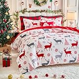 Christmas White Duvet Cover Set King Size with Red Gray Deers Snowflake and X-mas Trees Holiday Style 3pc Set (1 Duvet Cover + 2 Pillow Shams) for New Year Gift Decor Choice with Ties and Zipper