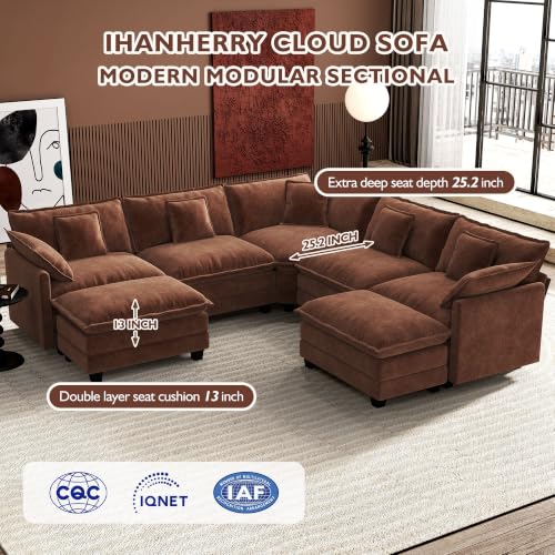 Image of Ihanherry 114 inch V-Shaped Modern Sofa Modular Sectional Luxurious and Comfortable with 2 Ottoman, 7-Seat Chenille Deep Seat Sofa with Corner Section for Living Room, Bedroom and Apartment, Brick Red