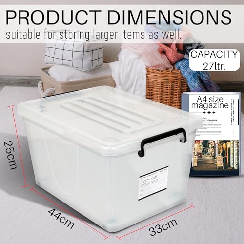 Image of Storite 6 Pack 27L Plastic Storage Box with Lid & Wheels|Kids Toys Organizer Bin|Clear Multipurpose Storage Container for Clothes, Books, Games, Bedroom, Playroom, Classroom & Office|44 x 33 x 25 cm