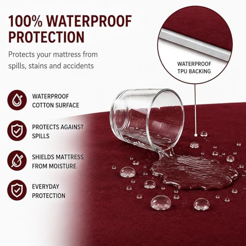 Image of Babylee 100% Waterproof Queen 72x60 Inch 6x5 Ft Fits Upto 10 Inch Mattress | Premium Terry Cotton Breathable Bed Protector | Mattress Cover for Double Bed | Wine