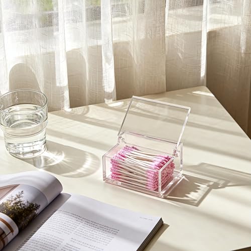 WORHE Q-Tip-Halter mit Deckel, Acryl-Wattebäusche- und Wattestäbchen-Organizer, Q-Tip-Spender für Schminktisch oder Arbeitsplatte,Make-up-Pads und Kosmetik-Aufbewahrungsbox(DP051)