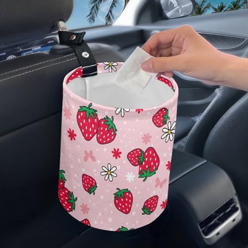 Image of Pensura Cute Strawberry Car Garbage Can Waterproof Multipurpose Camping Trash Can Cute Grocery Organizer Hanging Car Garbage Bag Compatible with Most Cars