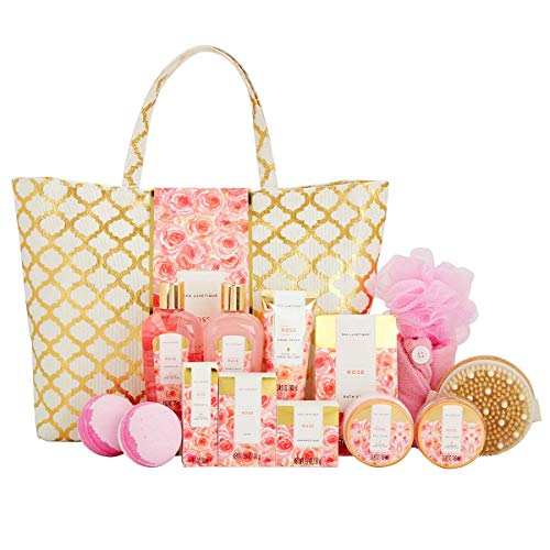 Spa Luxetique Set de Baño y Ducha a Rosa, Set Lujoso de Regalo con 15 Piezas en Bolso de Mano, Incluye Aceite de Masaje, Sales de Baño, Bombas de Baño, Loción Corporal, Regalos Originales para Mujer