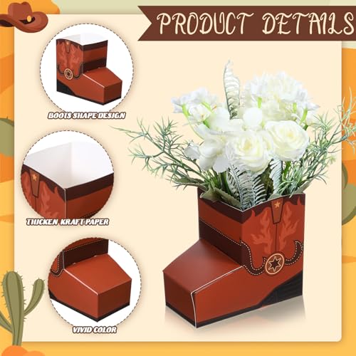 Image of Fullhawl 24 Pcs Cowboy Boots Paper Boxes Western Theme Party Decorations Favors Wild West Popcorn Boxes Boot Shape Bag for Cowboy Birthday Bachelorette Baby Shower Party Supplies(Brown)