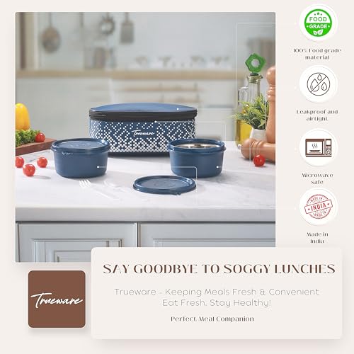 Image of Trueware Omaga Lunch Box with Insulated Fabric Jacket, 2 Microwave Safe & Leak Proof Inner Stainless Steel Containers 400ml Each Tiffin for Office, College