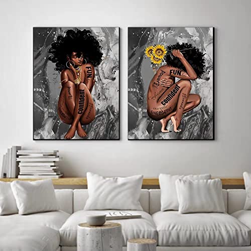 Black African American Girl Wall Art Women Portrait Decor Abstract Canvas Paintings Prints Pictures Posters Love For Living Room Girls Sunflower Bathroom Office Decorations No Frame 16X24In(40X60)Cm #TOP3