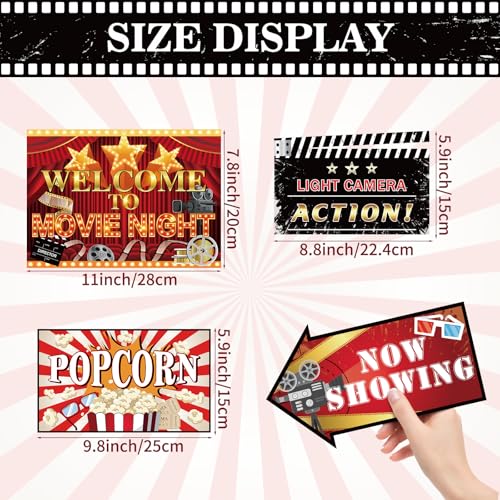 Image of Hooqict 20 Pieces Movie Night Decorations Movie Themed Party Directional Signs for Cinema Welcome Now Showing Theater Film Birthday Party Decorations Supplies