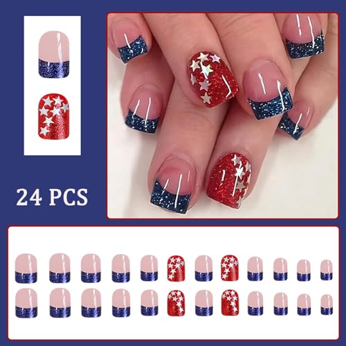 24Pcs Press on Nails - July 4th Short Square Design
