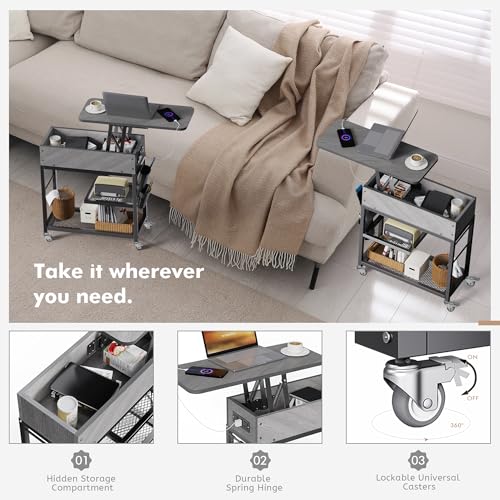 Image of Colima Lift Top End Table with Charging Station and Wheels, Gray