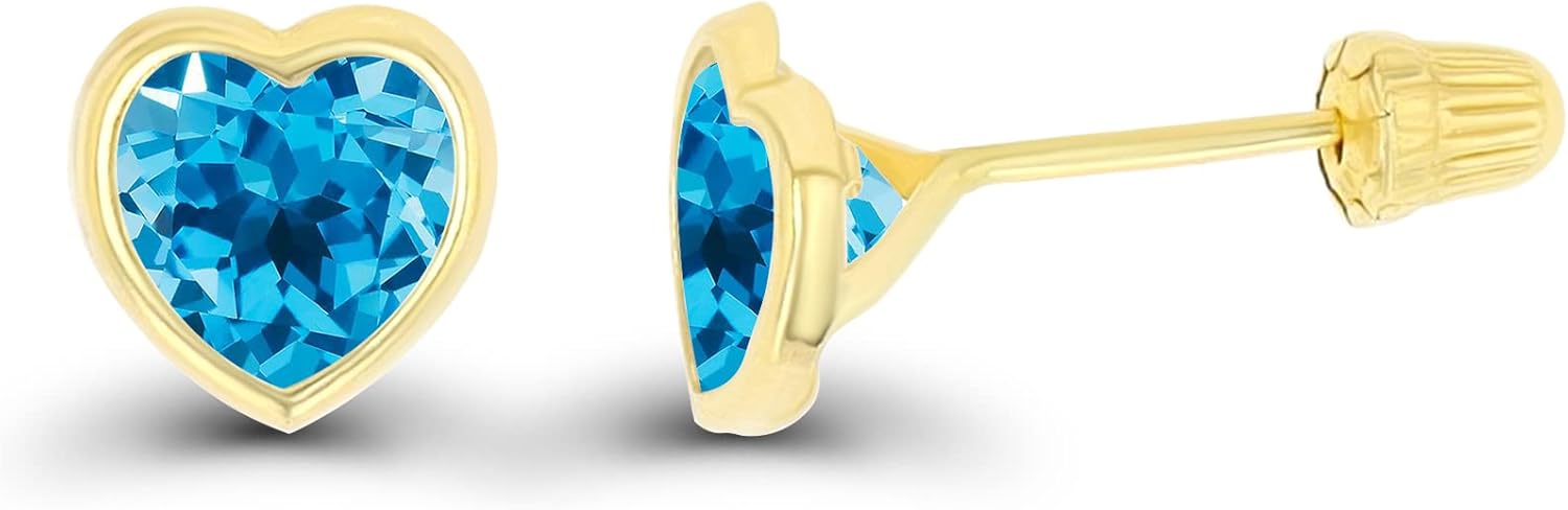Solid 14K Gold Hypoallergenic 4mm Heart Shaped Birthstone Polished Bezel Screw Back Stud Earrings