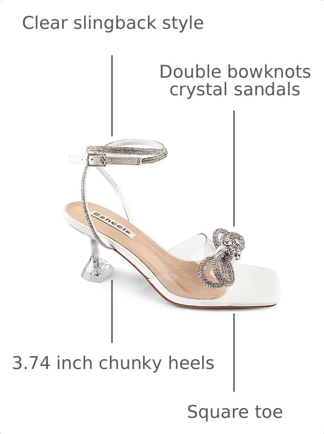 Image of Zzheels Double Bowknots Crystal Clear Shoes Strappy Sandals | Clear Slingback Heels, Rhinesotne Bow Sandals, Square Toe, Elegant Heels