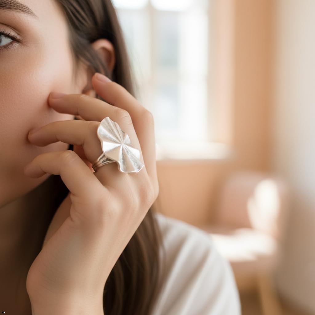 Bohemian Statement Ring for Women, Oxidized Silver Plated Pewter Finish for a Vintage Look, Adjustable Band, Large Round Disc with Radial Pleated Design, Hypoallergenic NR001