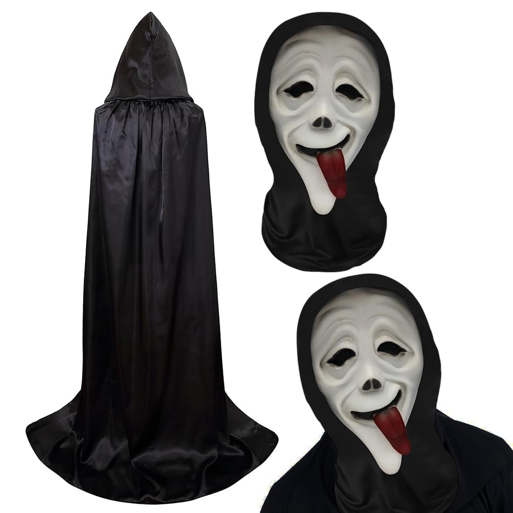 CLKDPNO Halloween Ghostface Costume Halloween Ghostface Mask with Tongue Out Scary Horror Ghost Headgear with Cape, for Haunted House, Fright Night Party, Film Costume, Cosplay