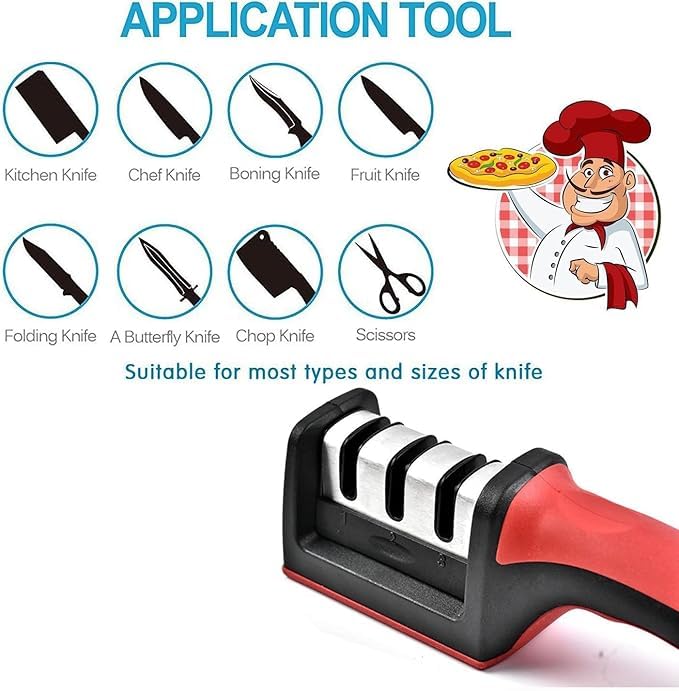 Image of Professional Kitchen Knife Sharpener with 3-Stage Sharpening System, Ergonomic Red Handle, Black (1, 3-Stage)