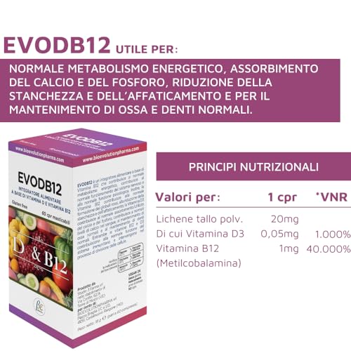 EVODB12 - Integratore Alimentare Per Il Normale Metabolismo Energetico E Assorbimento Del Calcio E Fosforo, Adatto Ai Vegani, Senza Glutine, Nat. Privo Di Lattosio, Made In Italy, 60 Cpr. Masticabili - 2