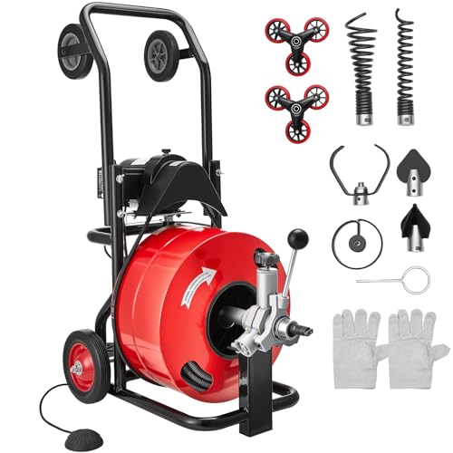 VEVOR Rohrreinigungsmaschine φ19 mm x 30 m, Reinigungsspirale mit Automatischer Zufuhr, Mehrradkombination, 6 Schneidwerkzeugen & Pneumatischem Fußschalter für Rohrdurchmesser von 100 bis 200 mm