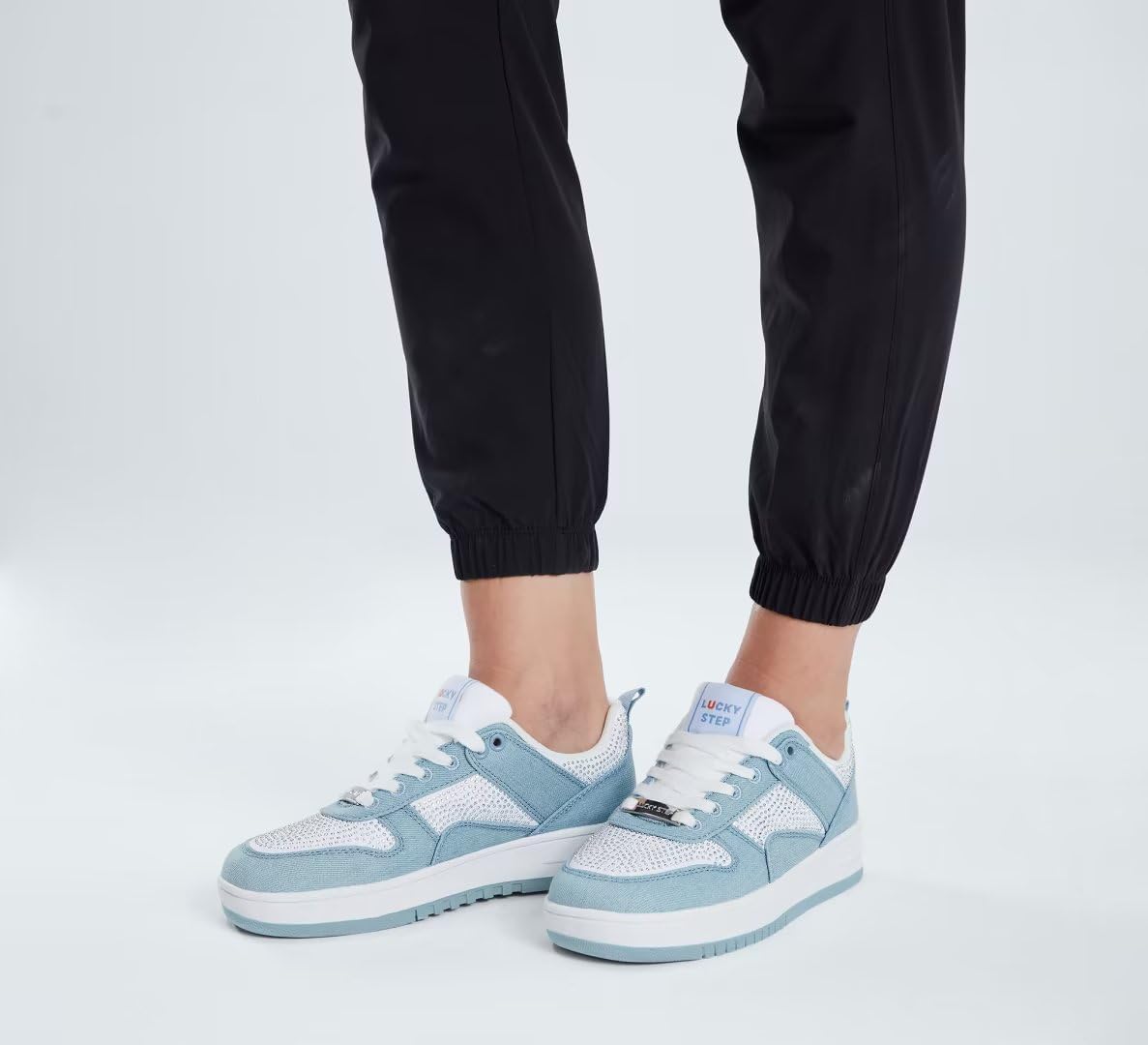 LUCKY STEP Women Fashion Sparkle Rhinestone Sneakers White Leather Low Top Tennis Shoes Lace Up Casual Comfortable Walking Shoe - Image 8