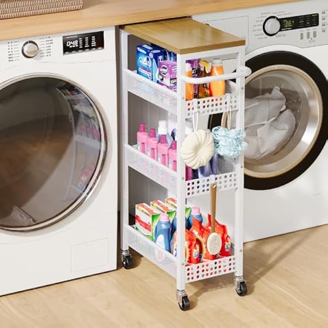 Slim Storage Cart, 4 Tier Fruit and Vegetable Baskets for Kitchen Small Space, Narrow Rolling Cart on Wheels with Wooden Top and Metal Handle for Pantry, Bathroom, Laundry Room-JkhZaXyX