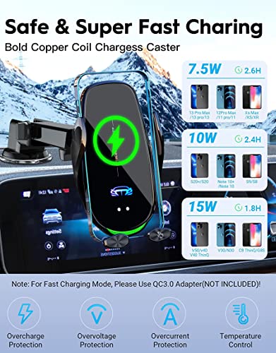 Wireless Car Charger Mount, 15W Qi Fast Charging Auto-Clamping Cell Phone Car Holder ​Air Vent Windshield Dashboard Long Arm Suction Cup Car Phone Mount - Image 4