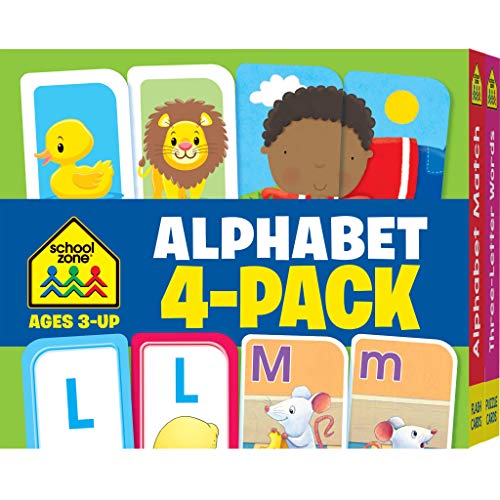 School Zone - Alphabet 4-Pack Flash Cards - Ages 3+, Preschool, Kindergarten, Go Fish Alphabet, Three-Letter Words, Alphabet Match, Lowercase & Uppercase Letters, Letter-Picture Recognition, And More #TOP16