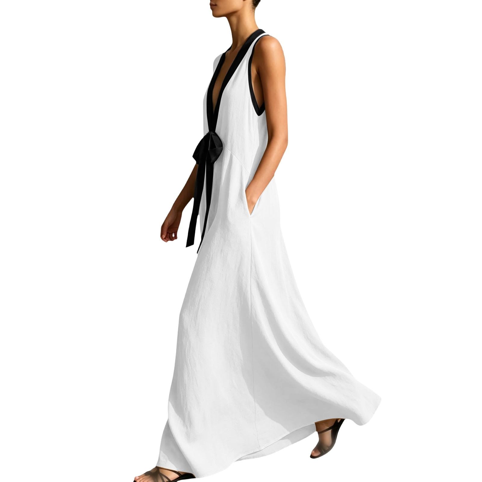 Générique Robe Boheme Chic Bretelles Spaghetti Coton Boheme Robe à Bretelles Elegant Chic Robes Lin sans Manches DéContracté Quotidien Boho Plage Vacances Vacances