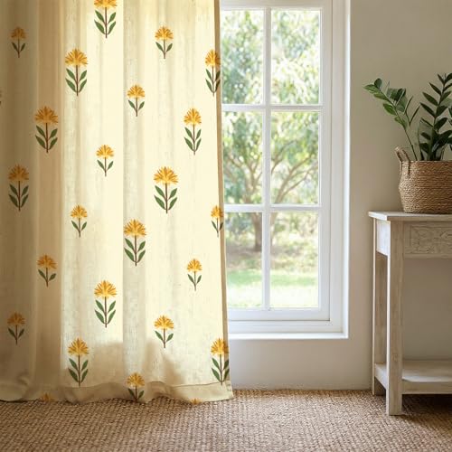 Image of Urban Space 100% Cotton Floral Curtains 7 feet Long Set of 2, 60-65% Room Darkening, Decorative Curtains with Eyelets /Rings for Hanging, Tieback Included (Aster Yellow, Door - 7 Feet)